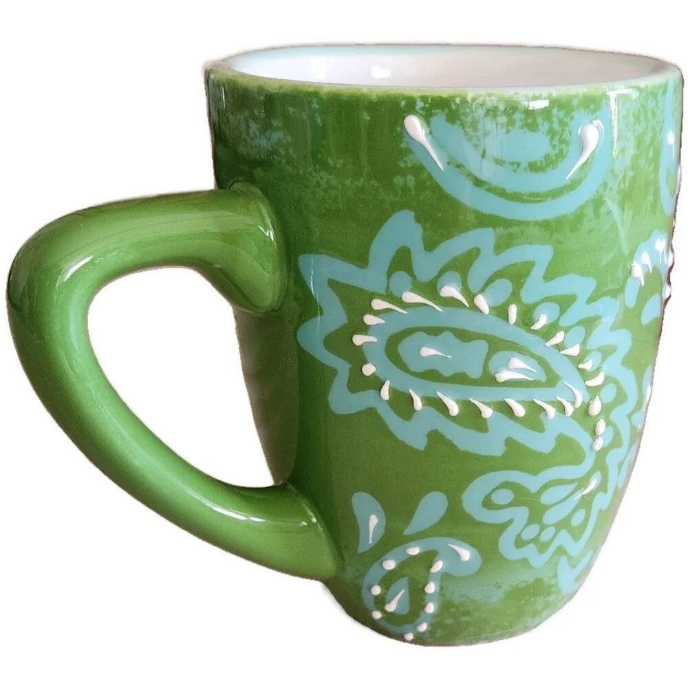 Laurie Gates Green Paisley Mug Hand Painted Raised Design EUC Unused